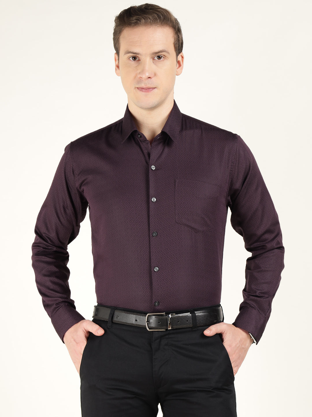 Men Burgundy Solid Cotton Rich Slim Fit Party Shirt
