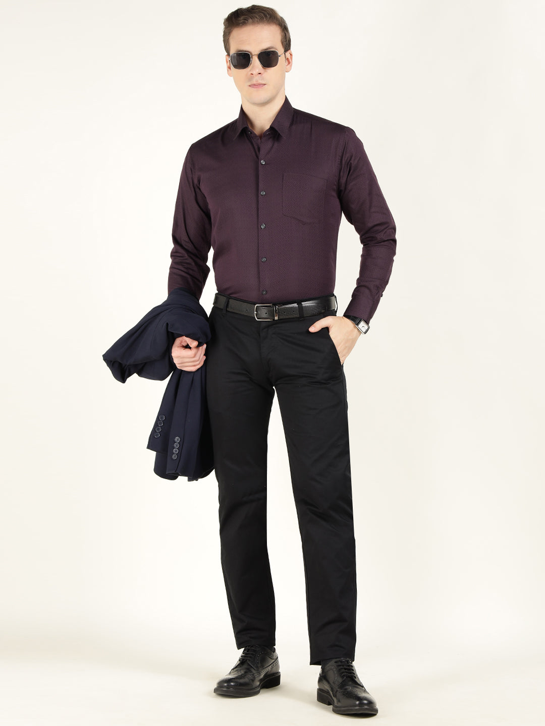 Men Burgundy Solid Cotton Rich Slim Fit Party Shirt