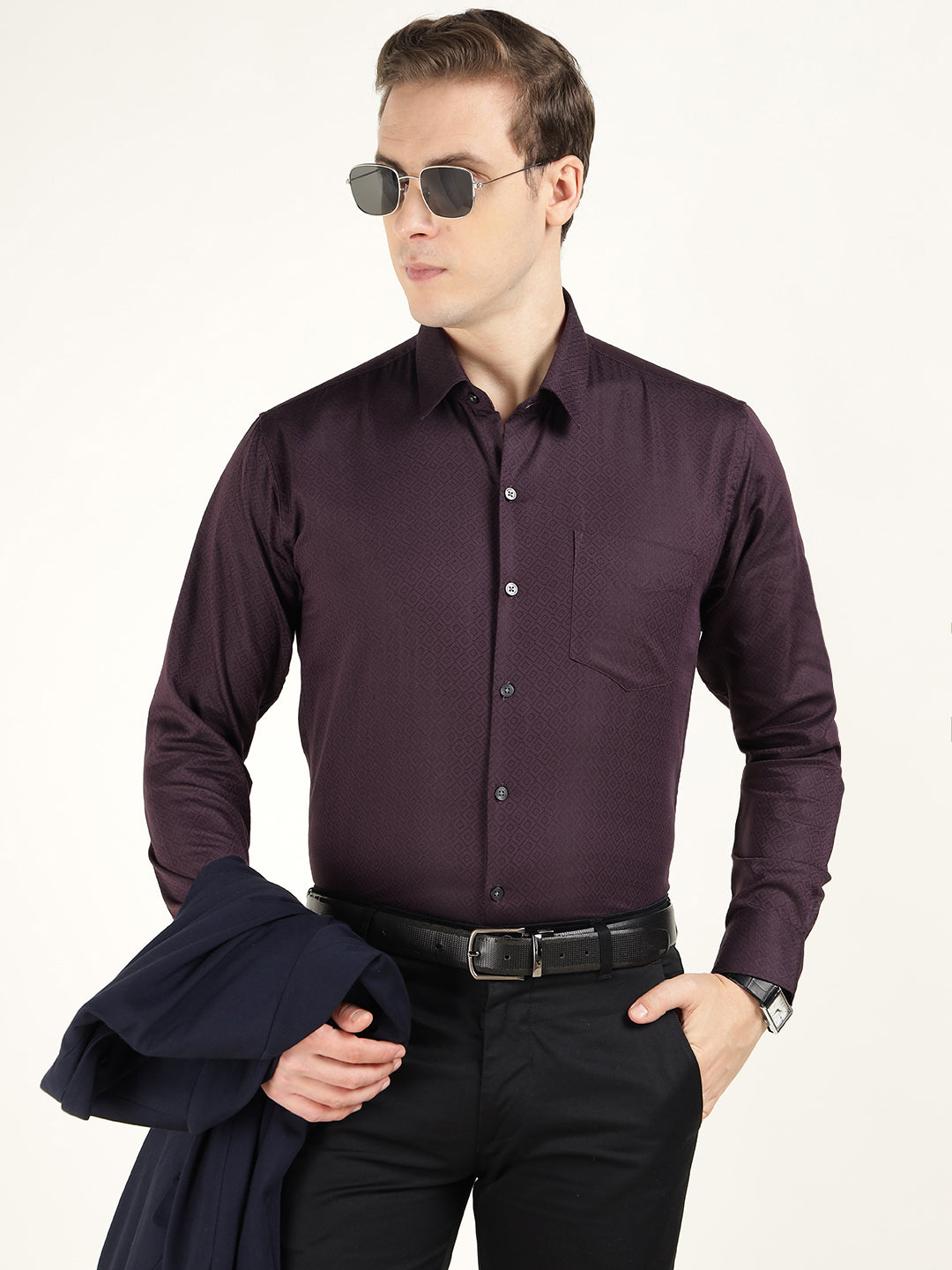 Men Burgundy Solid Cotton Rich Slim Fit Party Shirt