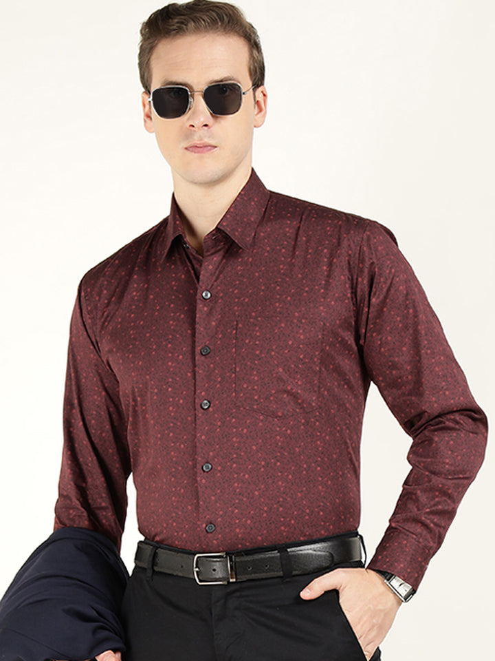 Hancock Men Maroon Printed Pure Cotton Slim Fit Party Shirt