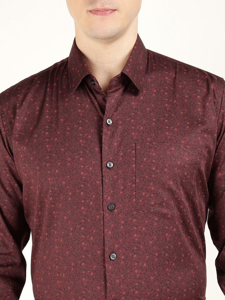 Hancock Men Maroon Printed Pure Cotton Slim Fit Party Shirt