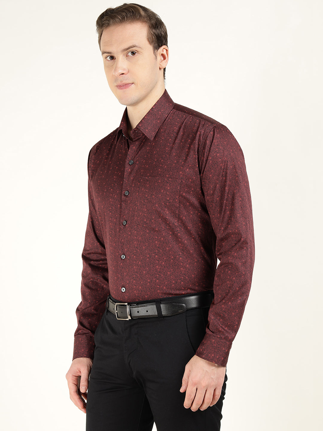 Hancock Men Maroon Printed Pure Cotton Slim Fit Party Shirt