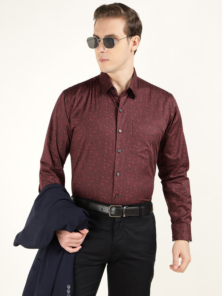 Hancock Men Maroon Printed Pure Cotton Slim Fit Party Shirt