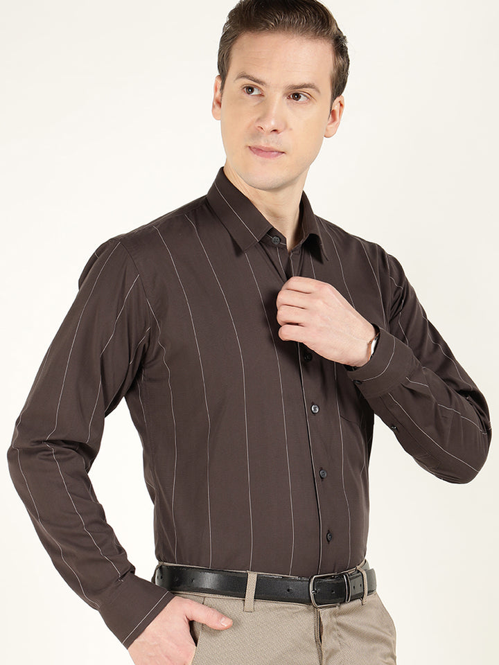 Hancock Men Brown Striped Pure Cotton Slim Fit Formal Shirt
