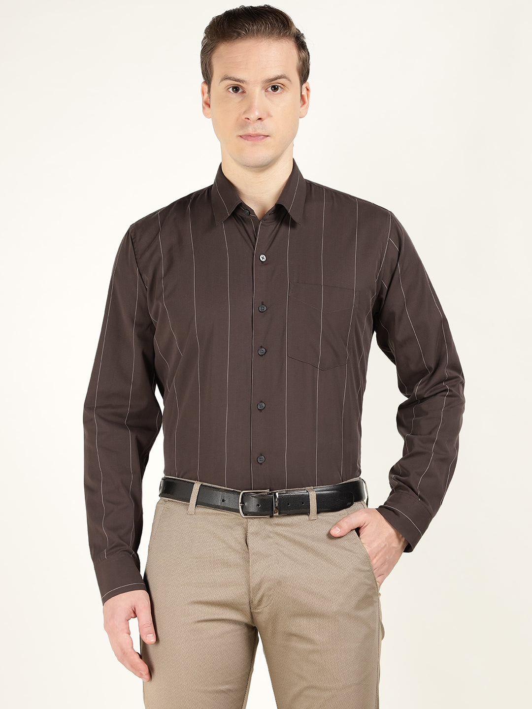 Hancock Men Brown Striped Pure Cotton Slim Fit Formal Shirt