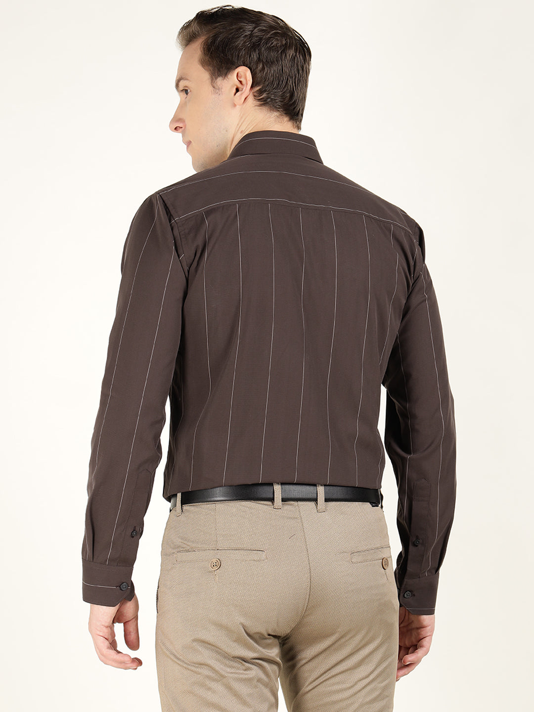 Hancock Men Brown Striped Pure Cotton Slim Fit Formal Shirt