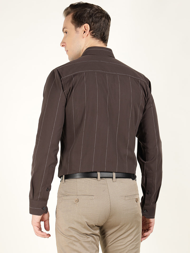 Hancock Men Brown Striped Pure Cotton Slim Fit Formal Shirt