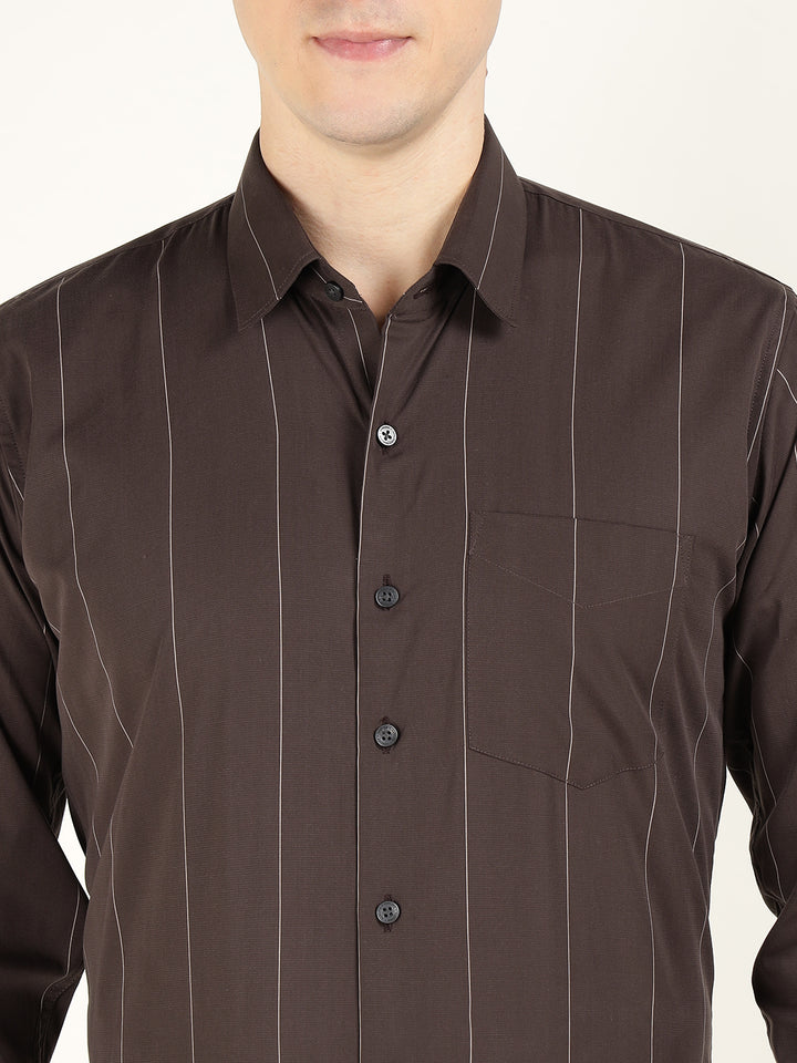 Hancock Men Brown Striped Pure Cotton Slim Fit Formal Shirt