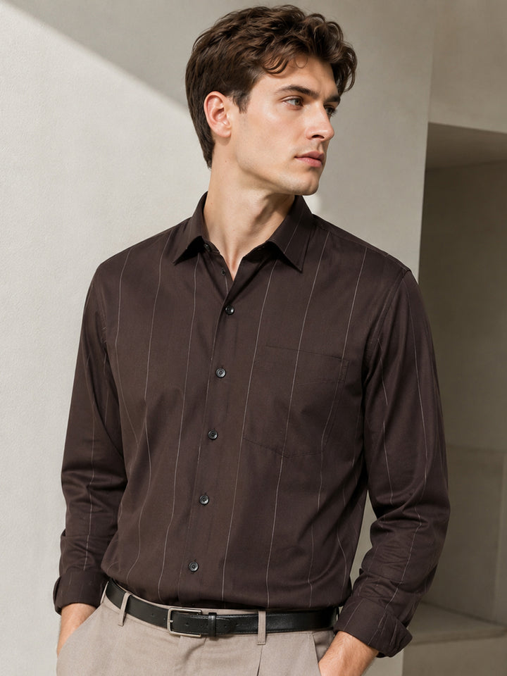 Men Brown Striped Pure Cotton Slim Fit Formal Shirt