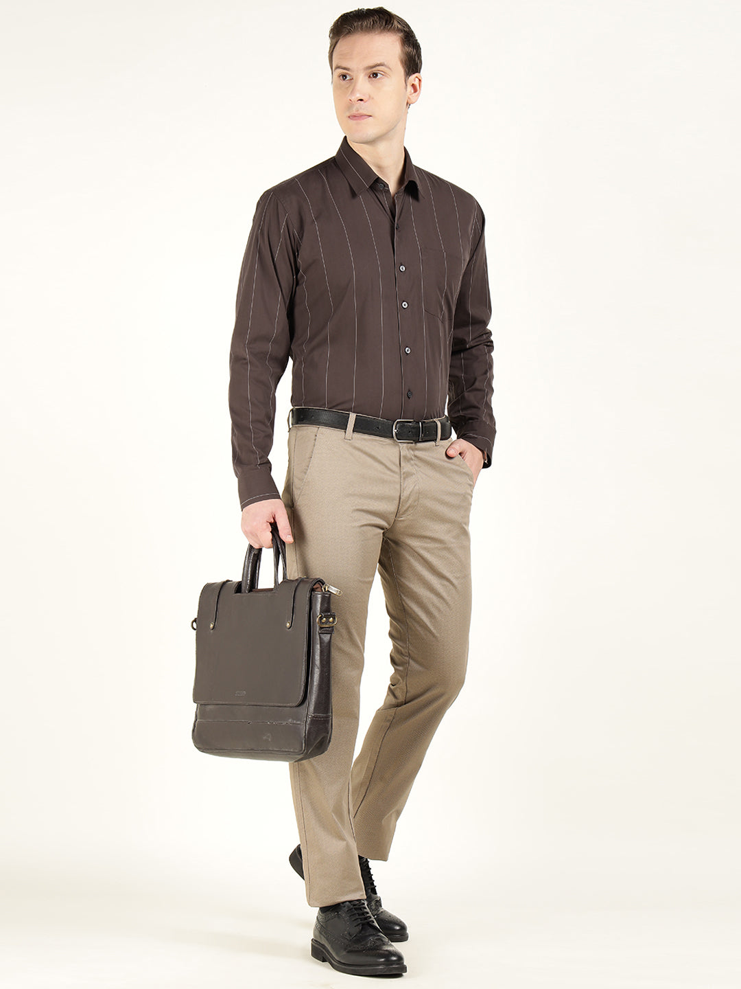 Hancock Men Brown Striped Pure Cotton Slim Fit Formal Shirt