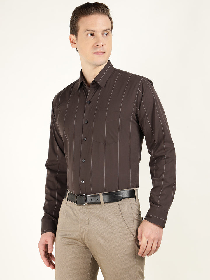 Hancock Men Brown Striped Pure Cotton Slim Fit Formal Shirt