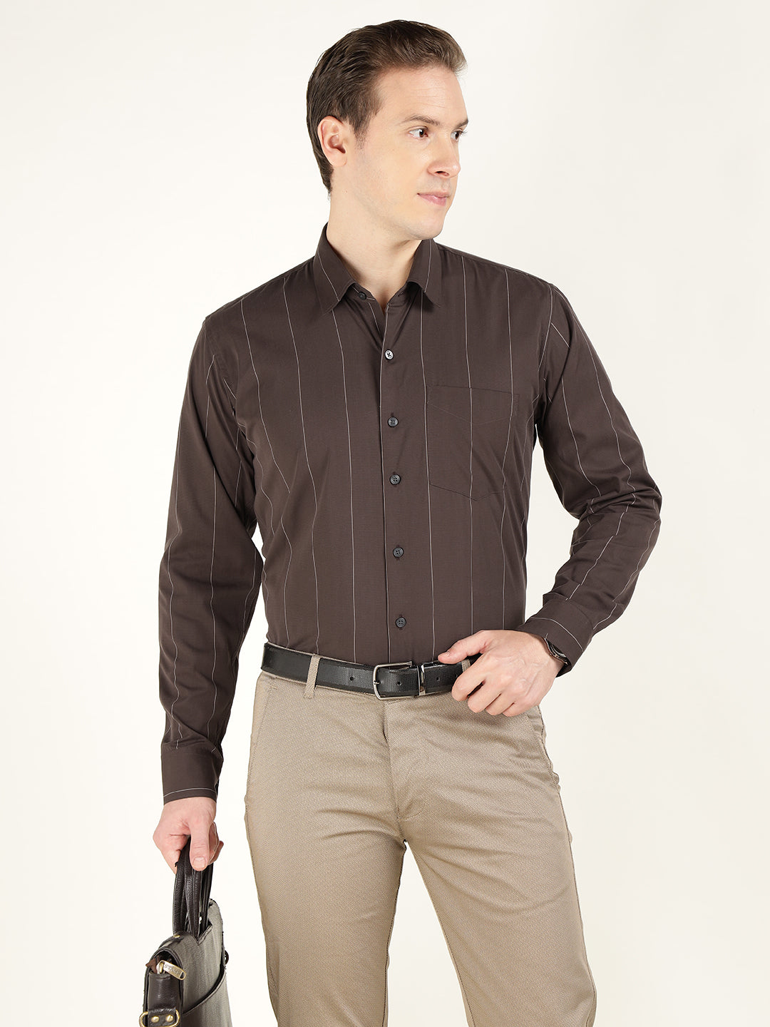 Hancock Men Brown Striped Pure Cotton Slim Fit Formal Shirt