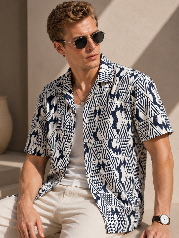 Men White & Navy Blue Printed Pure Cotton Relaxed Fit Casual Shirt