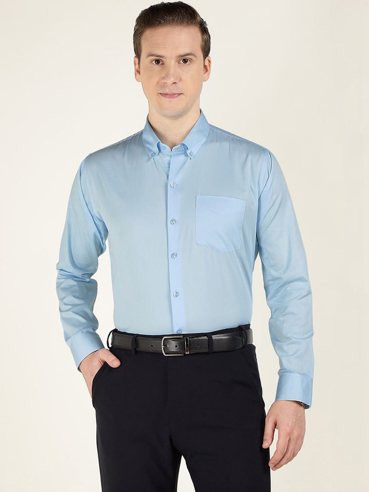 Men Blue Solid Pure Cotton Slim Fit Formal Shirt