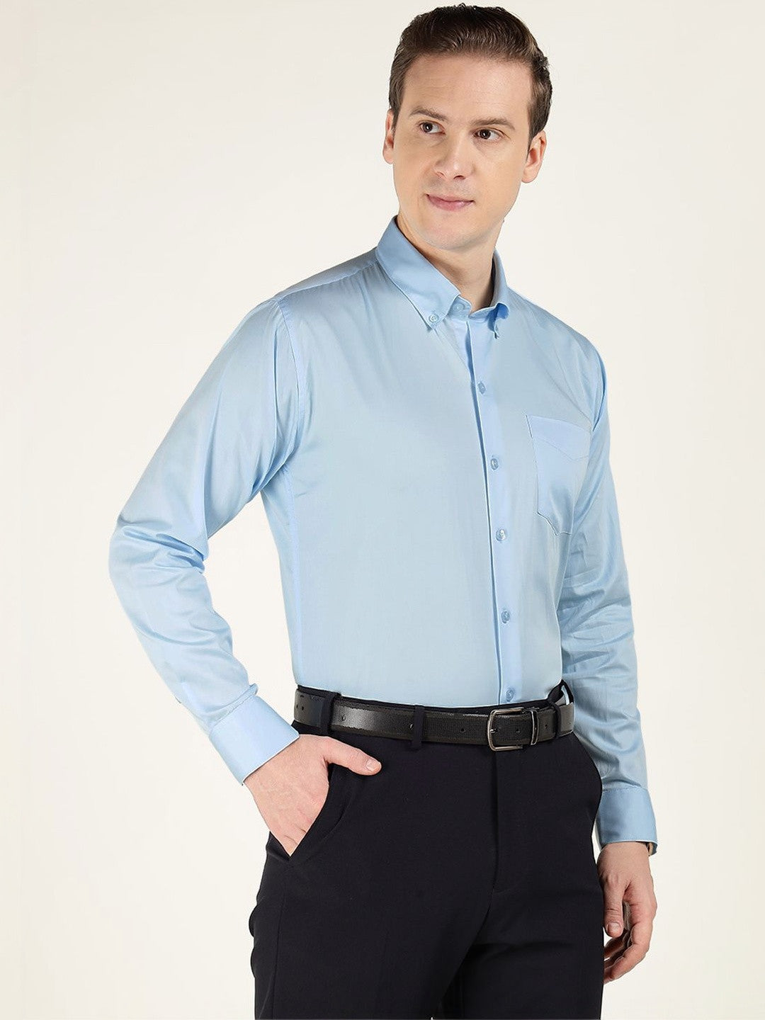 Men Blue Solid Pure Cotton Slim Fit Formal Shirt