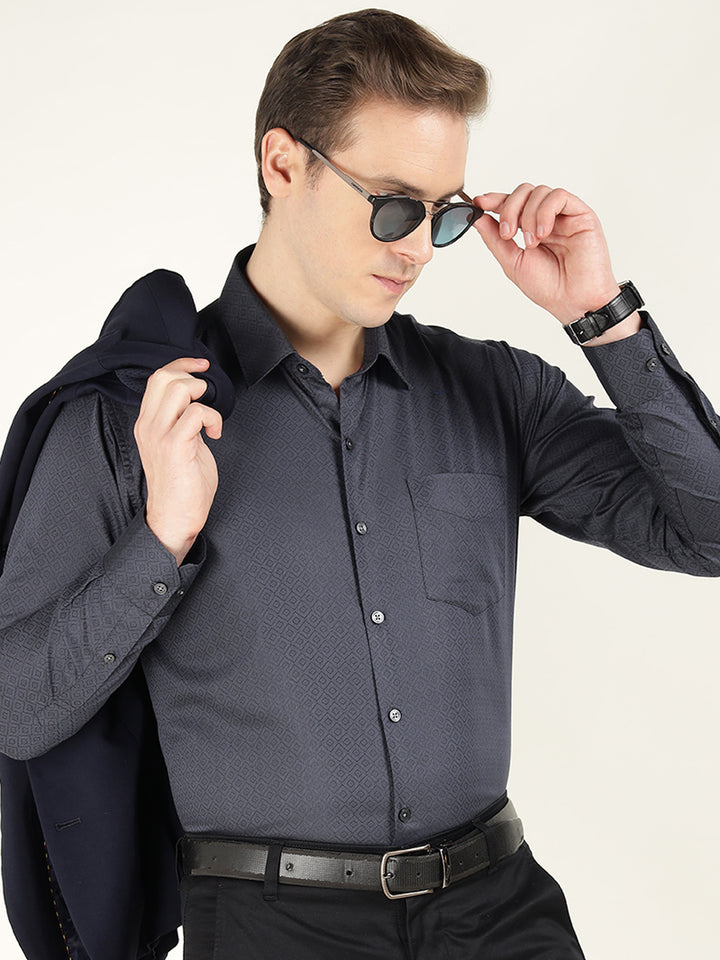 Men Grey Solid Cotton Rich Slim Fit Party Shirt