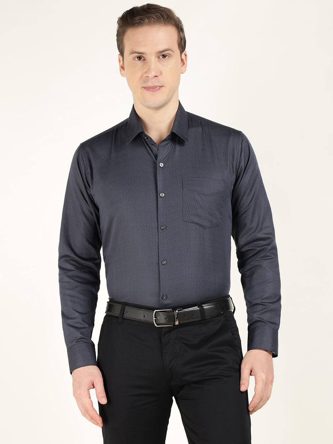 Men Grey Solid Cotton Rich Slim Fit Party Shirt