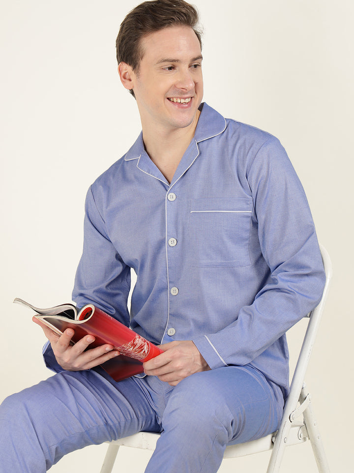 Men Blue Solid Pure Cotton Relaxed Fit Casual Night Suit