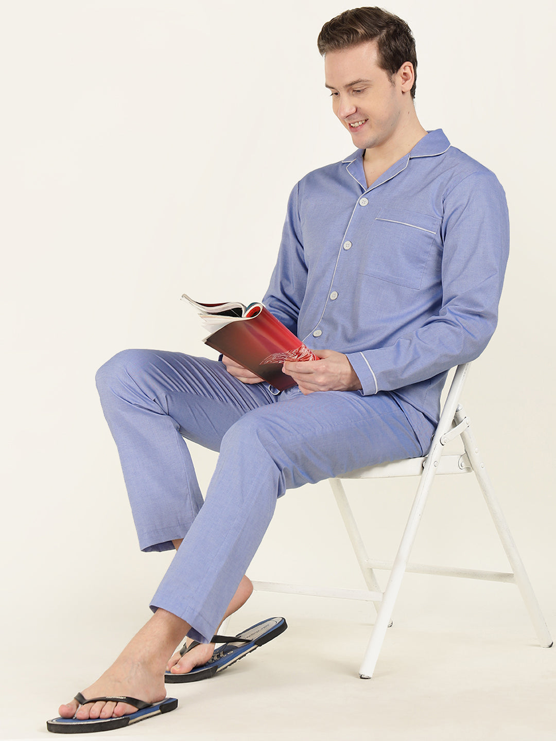 Men Blue Solid Pure Cotton Relaxed Fit Casual Night Suit