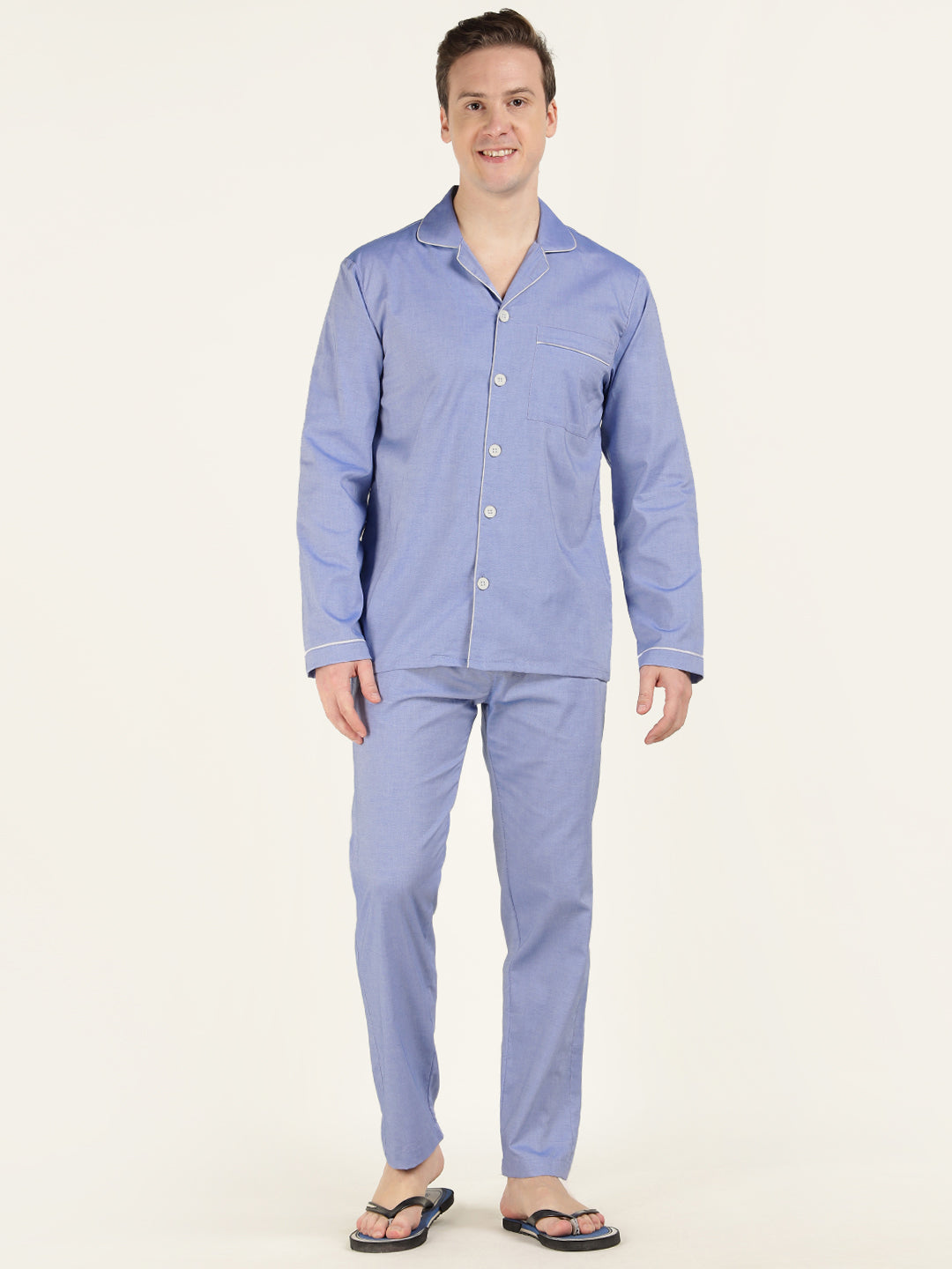 Men Blue Solid Pure Cotton Relaxed Fit Casual Night Suit