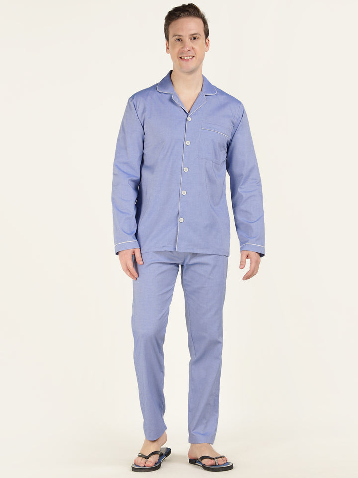 Men Blue Solid Pure Cotton Relaxed Fit Casual Night Suit