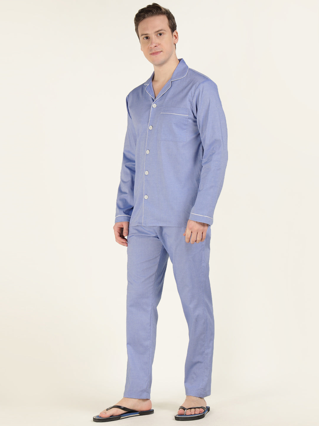 Men Blue Solid Pure Cotton Relaxed Fit Casual Night Suit