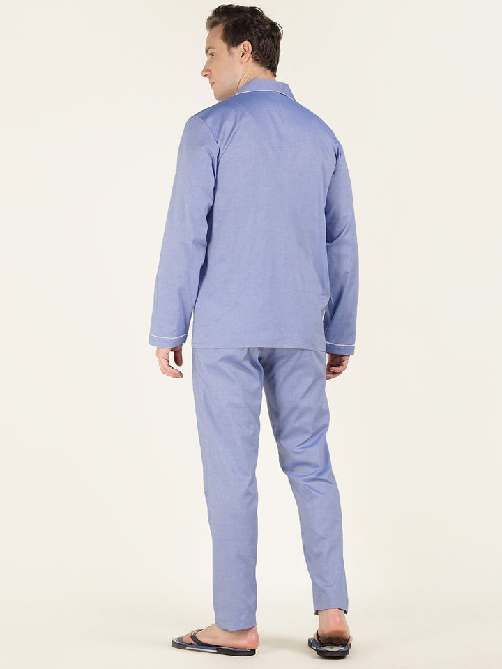 Men Blue Solid Pure Cotton Relaxed Fit Casual Night Suit