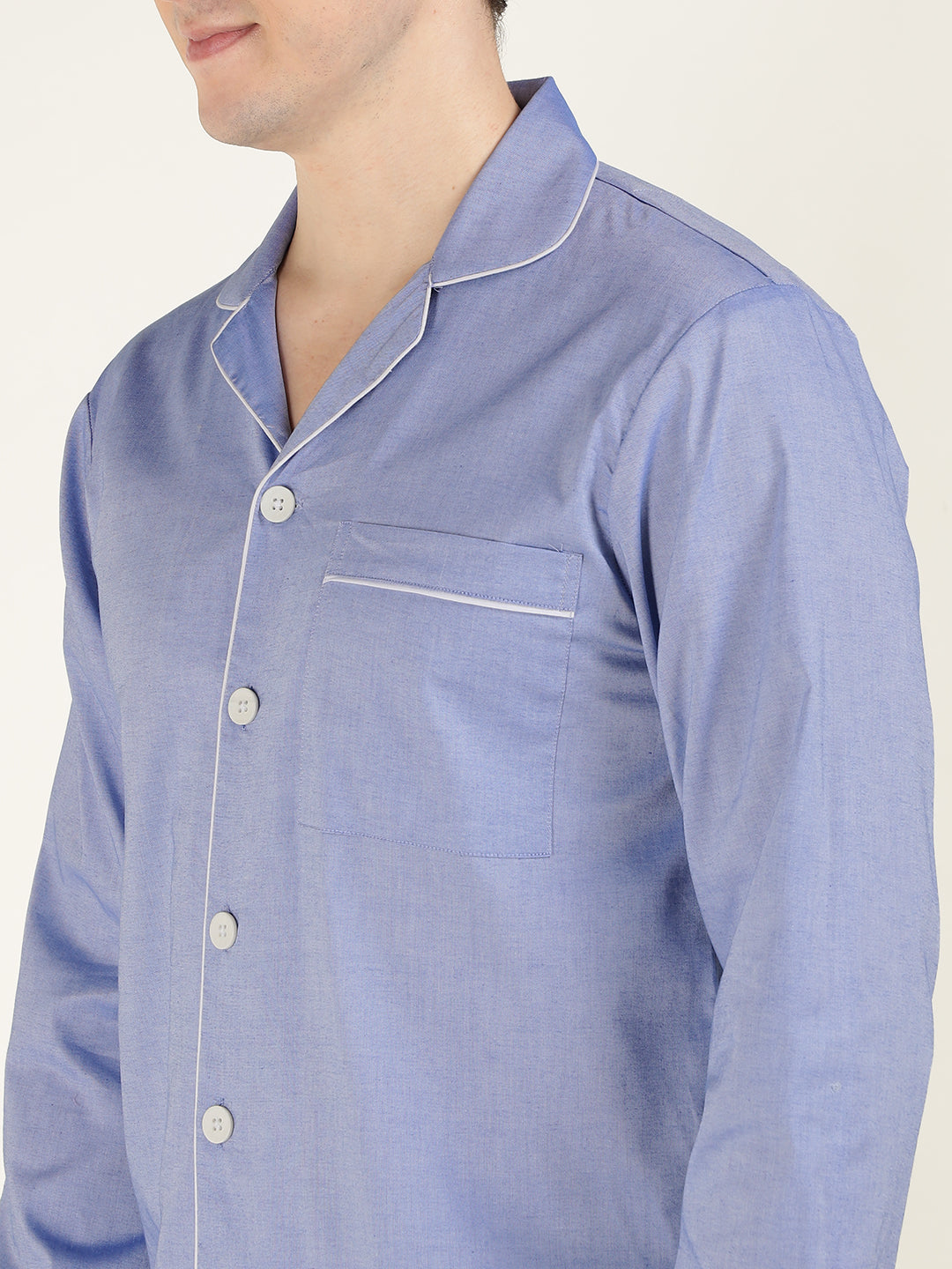 Men Blue Solid Pure Cotton Relaxed Fit Casual Night Suit