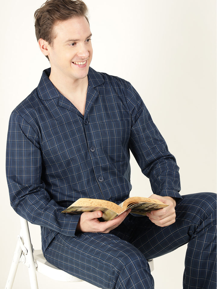 Hancock Men Navy Blue Checked Pure Cotton Relaxed Fit Casual Night Suit