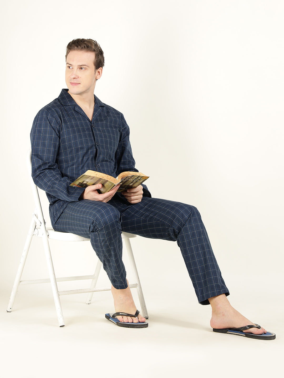 Hancock Men Navy Blue Checked Pure Cotton Relaxed Fit Casual Night Suit