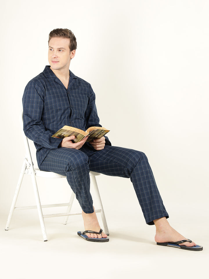 Hancock Men Navy Blue Checked Pure Cotton Relaxed Fit Casual Night Suit