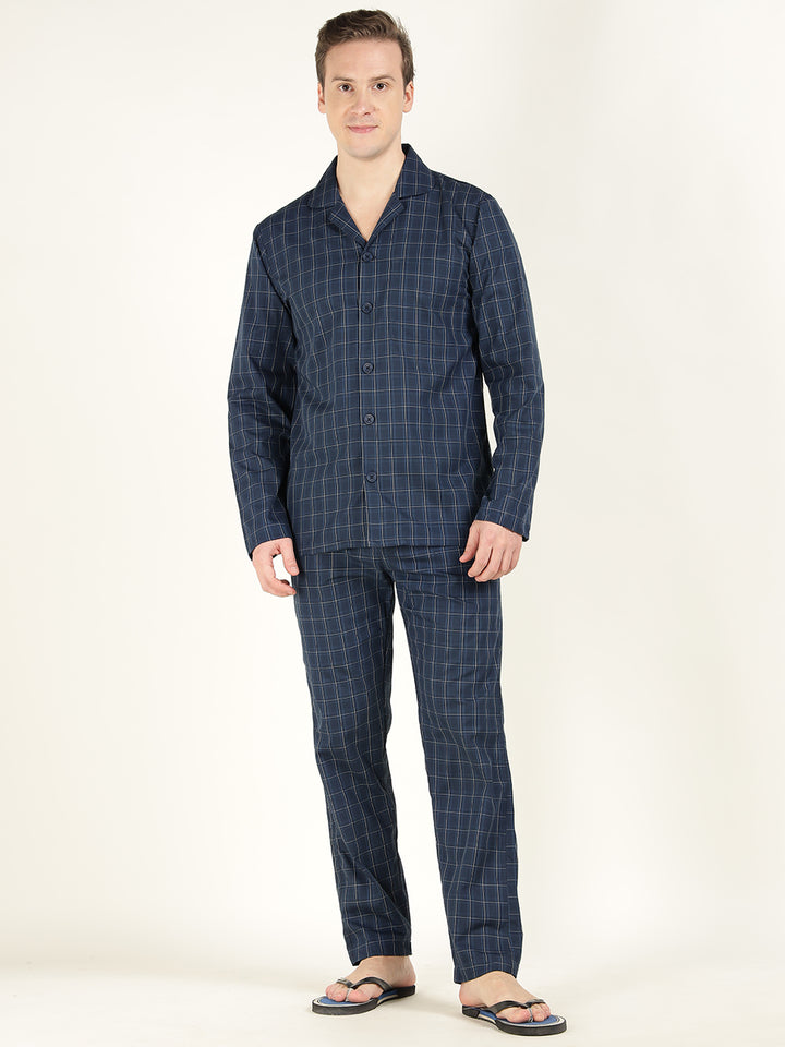 Hancock Men Navy Blue Checked Pure Cotton Relaxed Fit Casual Night Suit