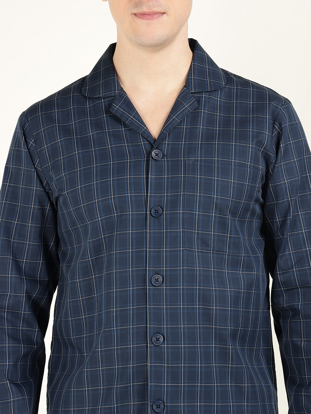 Hancock Men Navy Blue Checked Pure Cotton Relaxed Fit Casual Night Suit