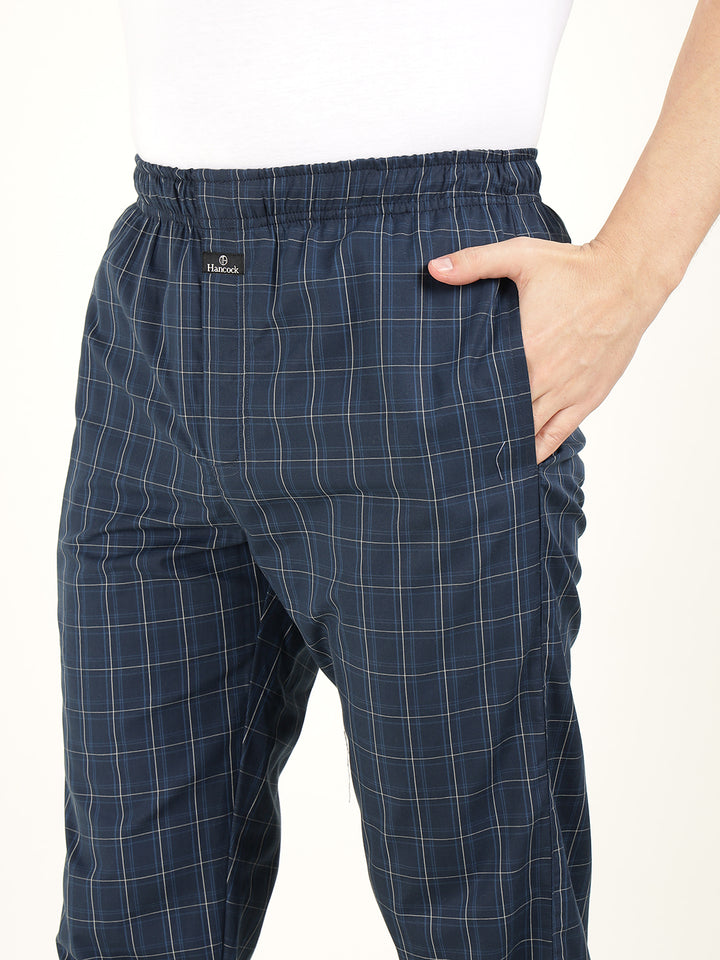 Hancock Men Navy Blue Checked Pure Cotton Relaxed Fit Casual Night Suit