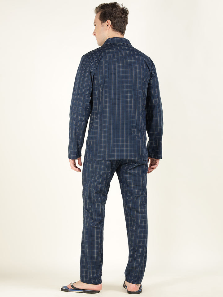 Hancock Men Navy Blue Checked Pure Cotton Relaxed Fit Casual Night Suit