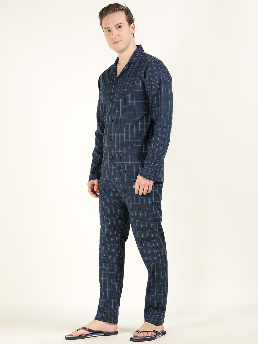 Hancock Men Navy Blue Checked Pure Cotton Relaxed Fit Casual Night Suit