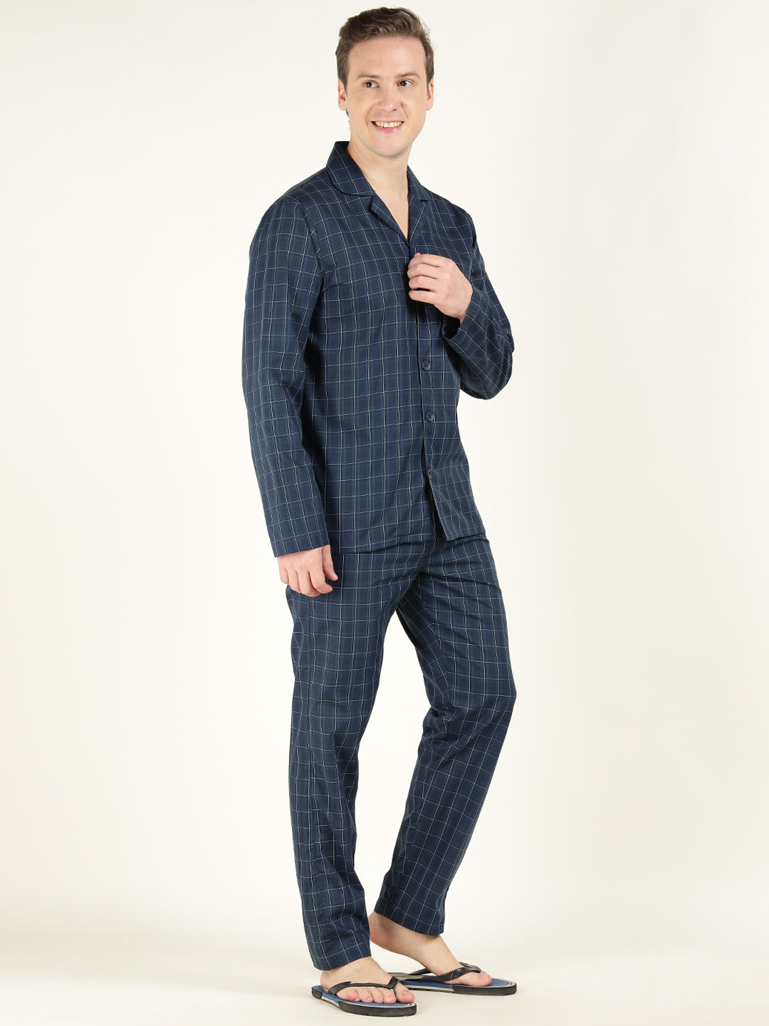 Hancock Men Navy Blue Checked Pure Cotton Relaxed Fit Casual Night Suit