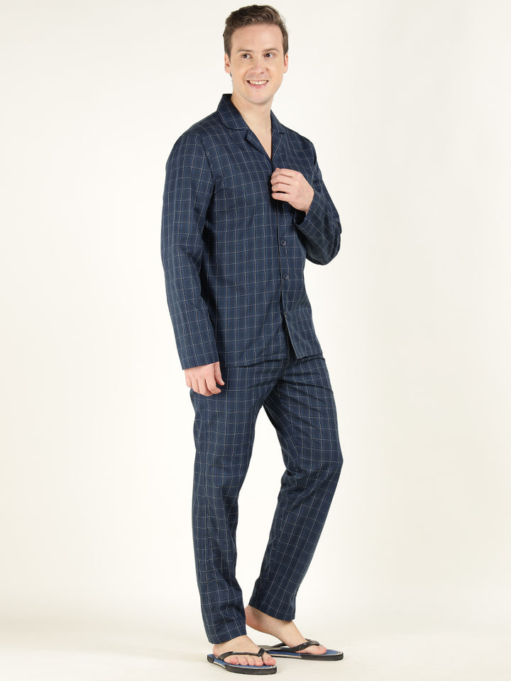 Hancock Men Navy Blue Checked Pure Cotton Relaxed Fit Casual Night Suit