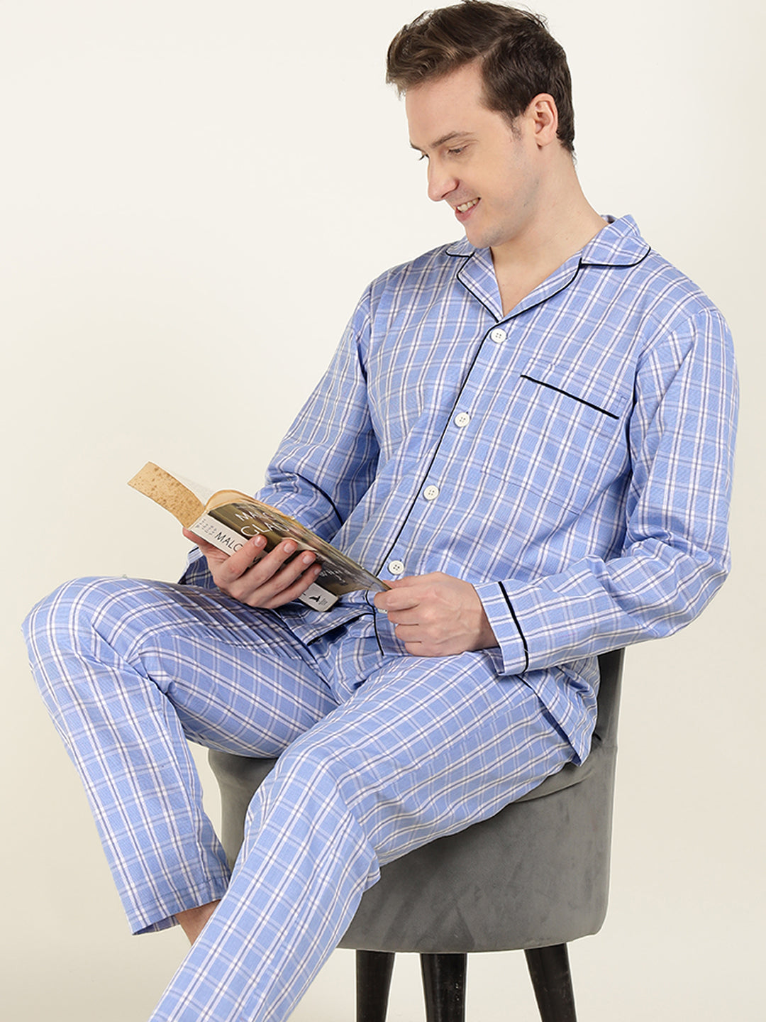 Men Blue Checked Pure Cotton Relaxed Fit Casual Night Suit