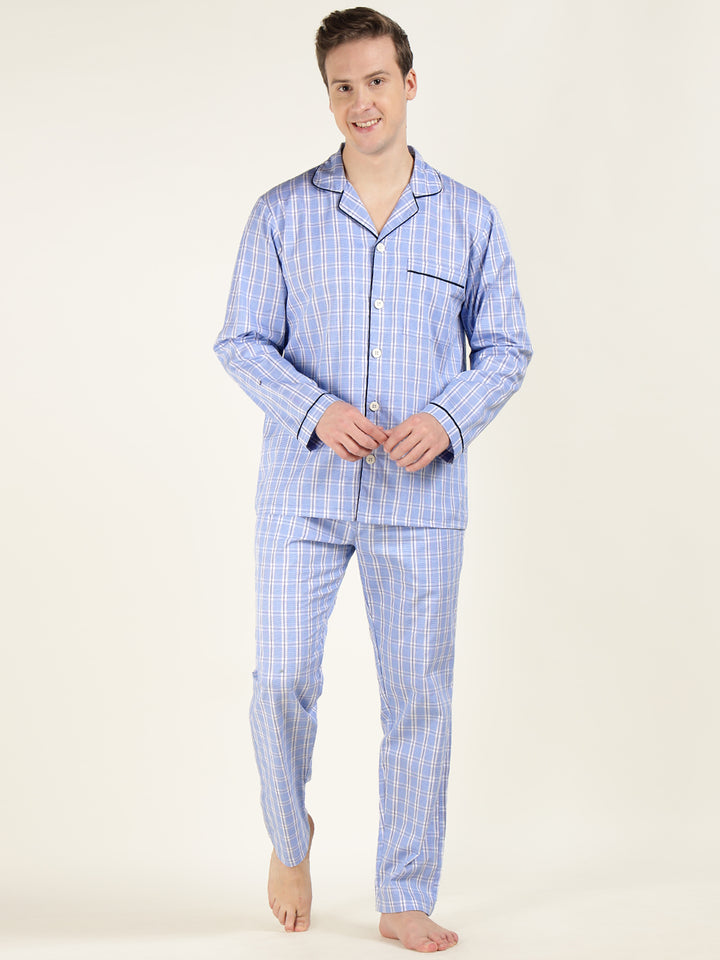 Men Blue Checked Pure Cotton Relaxed Fit Casual Night Suit