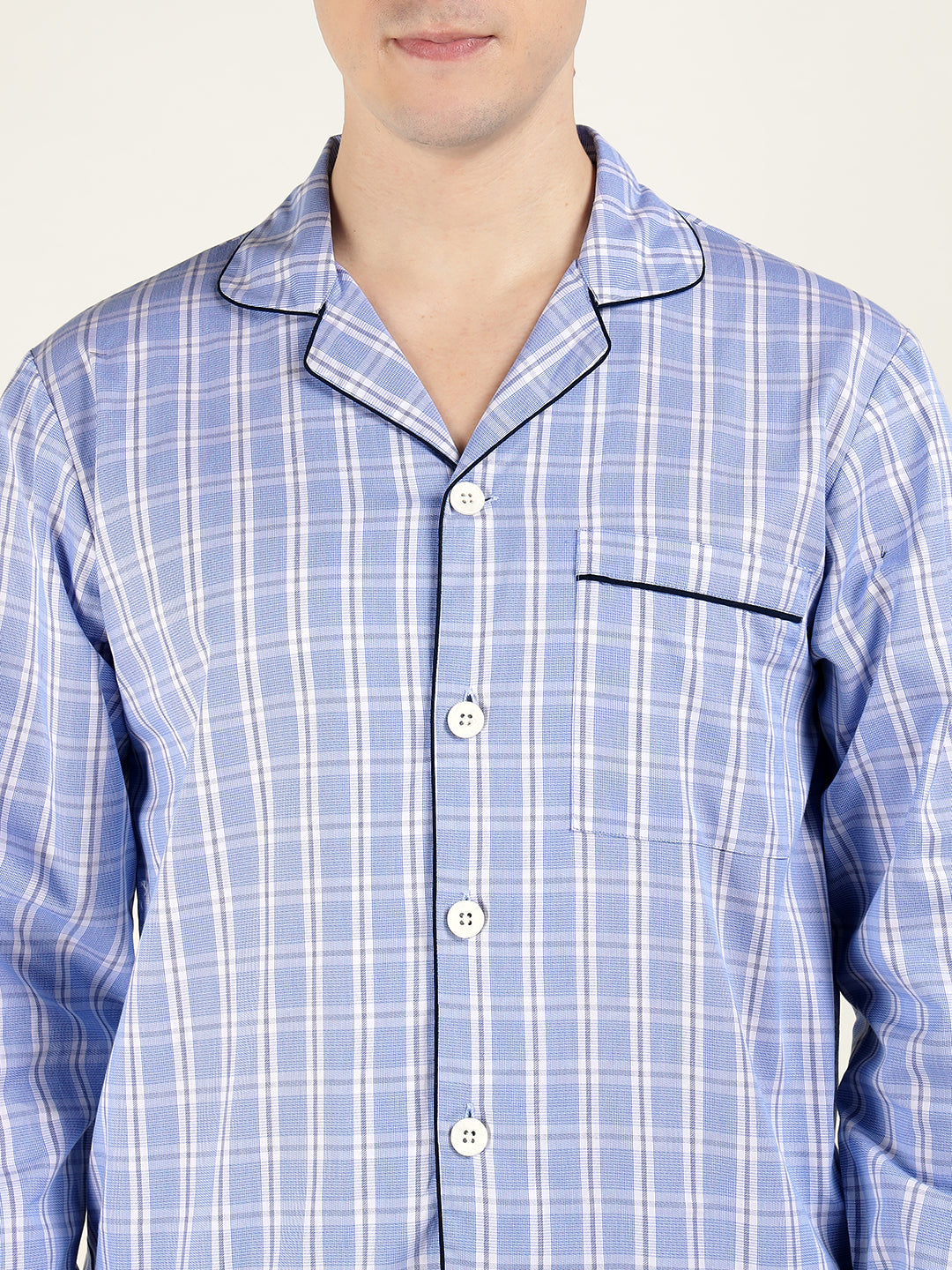 Men Blue Checked Pure Cotton Relaxed Fit Casual Night Suit
