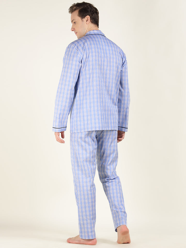 Men Blue Checked Pure Cotton Relaxed Fit Casual Night Suit