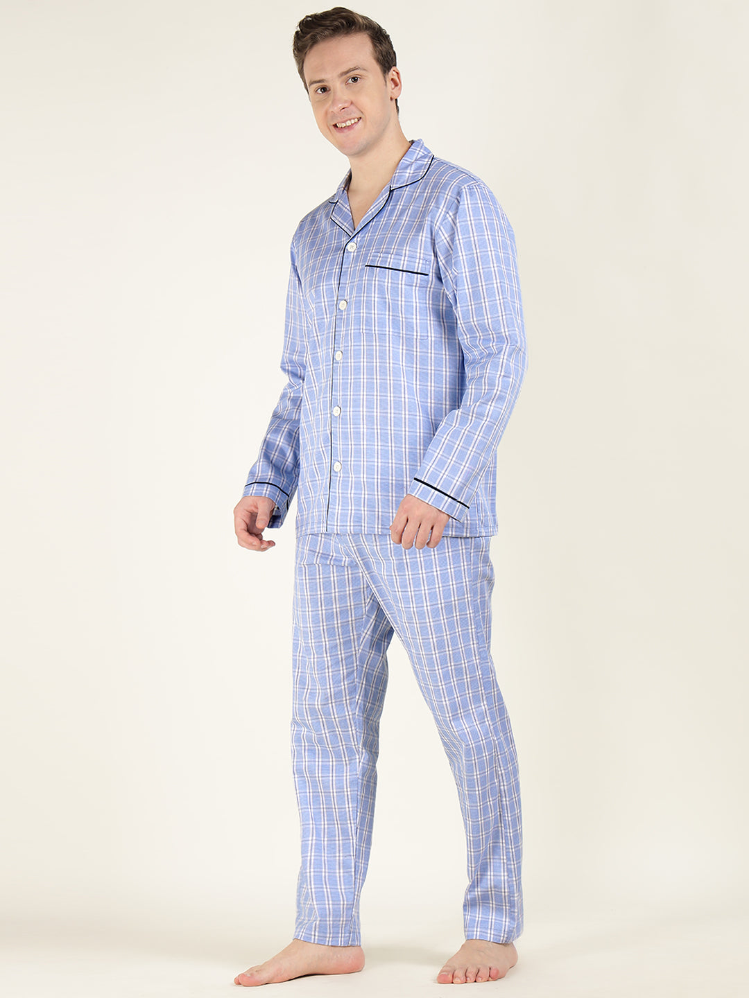 Men Blue Checked Pure Cotton Relaxed Fit Casual Night Suit