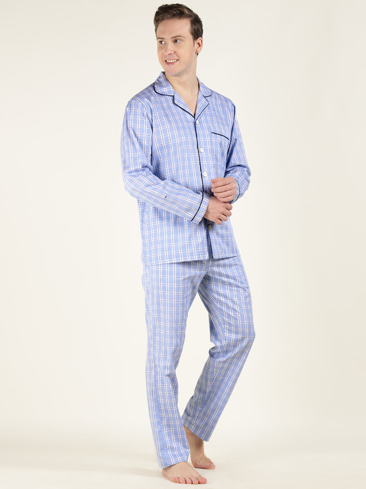 Men Blue Checked Pure Cotton Relaxed Fit Casual Night Suit