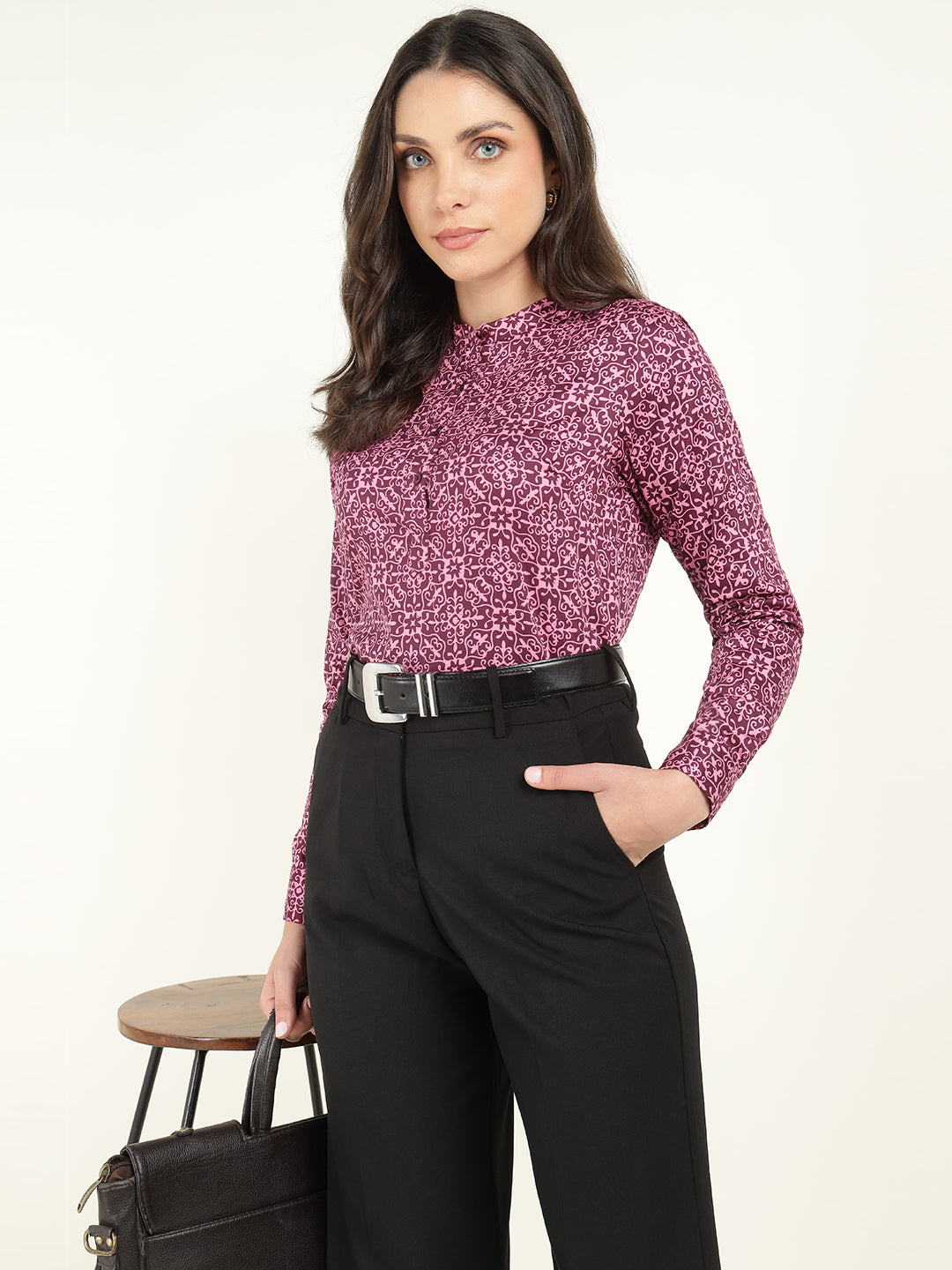 Women Burgundy & Pink Printed Pure Cotton Regular Fit Formal Top