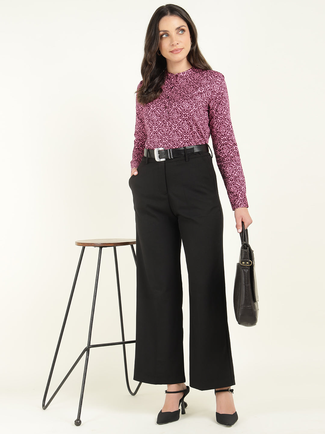 Women Burgundy & Pink Printed Pure Cotton Regular Fit Formal Top