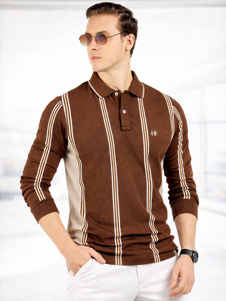 Men Brown Striped Cotton Elastene Slim Fit Casual Tshirt