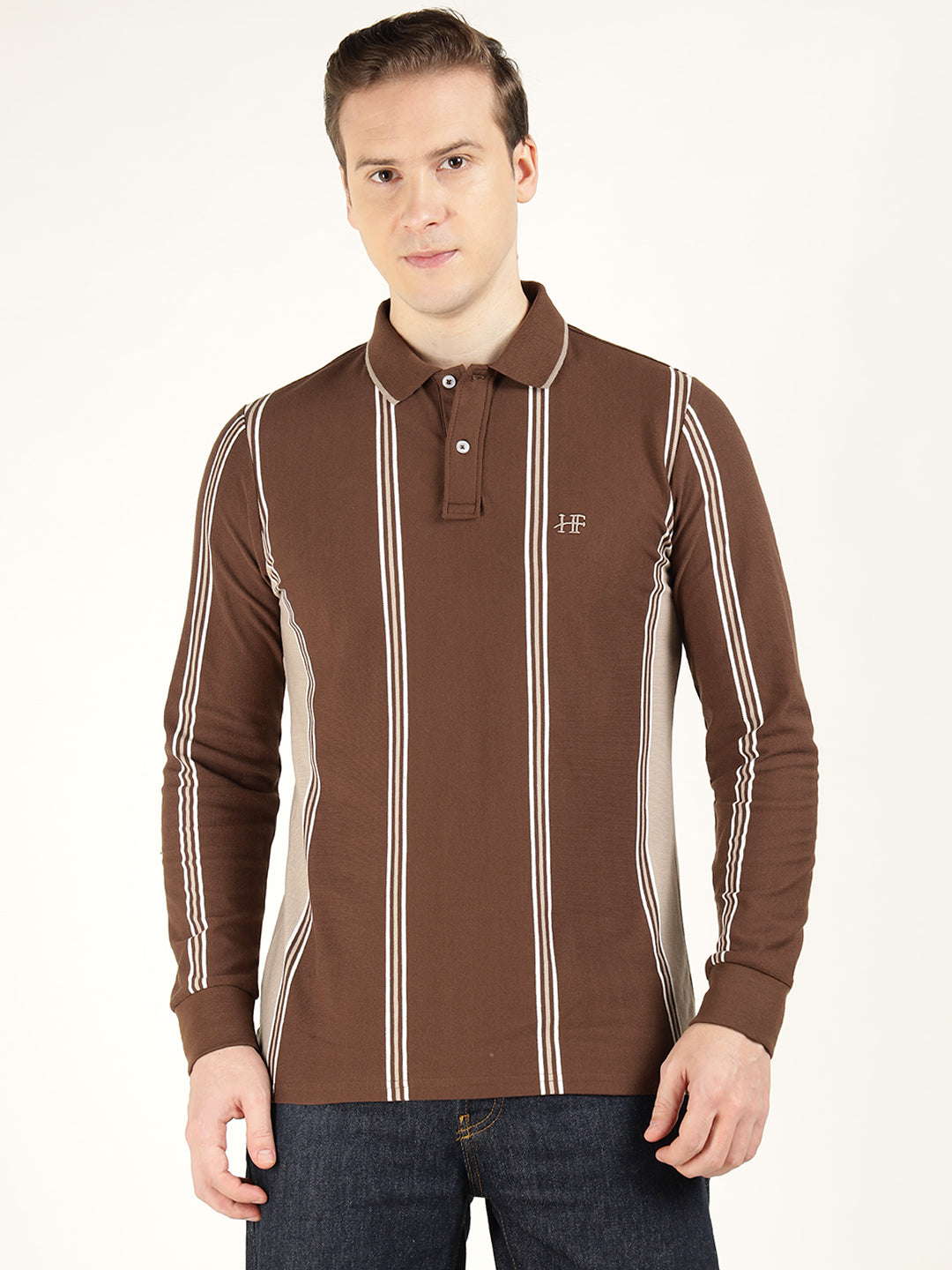 Men Brown Striped Cotton Elastene Slim Fit Casual Tshirt