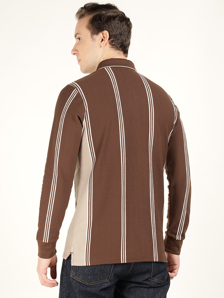 Men Brown Striped Cotton Elastene Slim Fit Casual Tshirt
