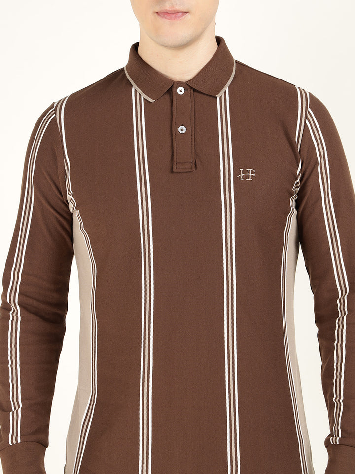 Men Brown Striped Cotton Elastene Slim Fit Casual Tshirt